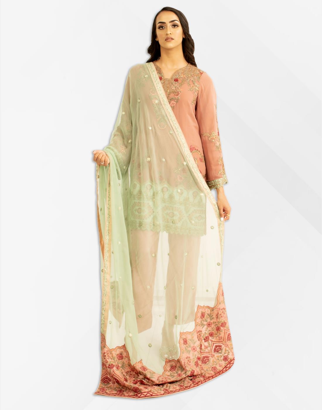 Rose Pink Embroidered Chiffon Kameez with Dupatta & Trouser