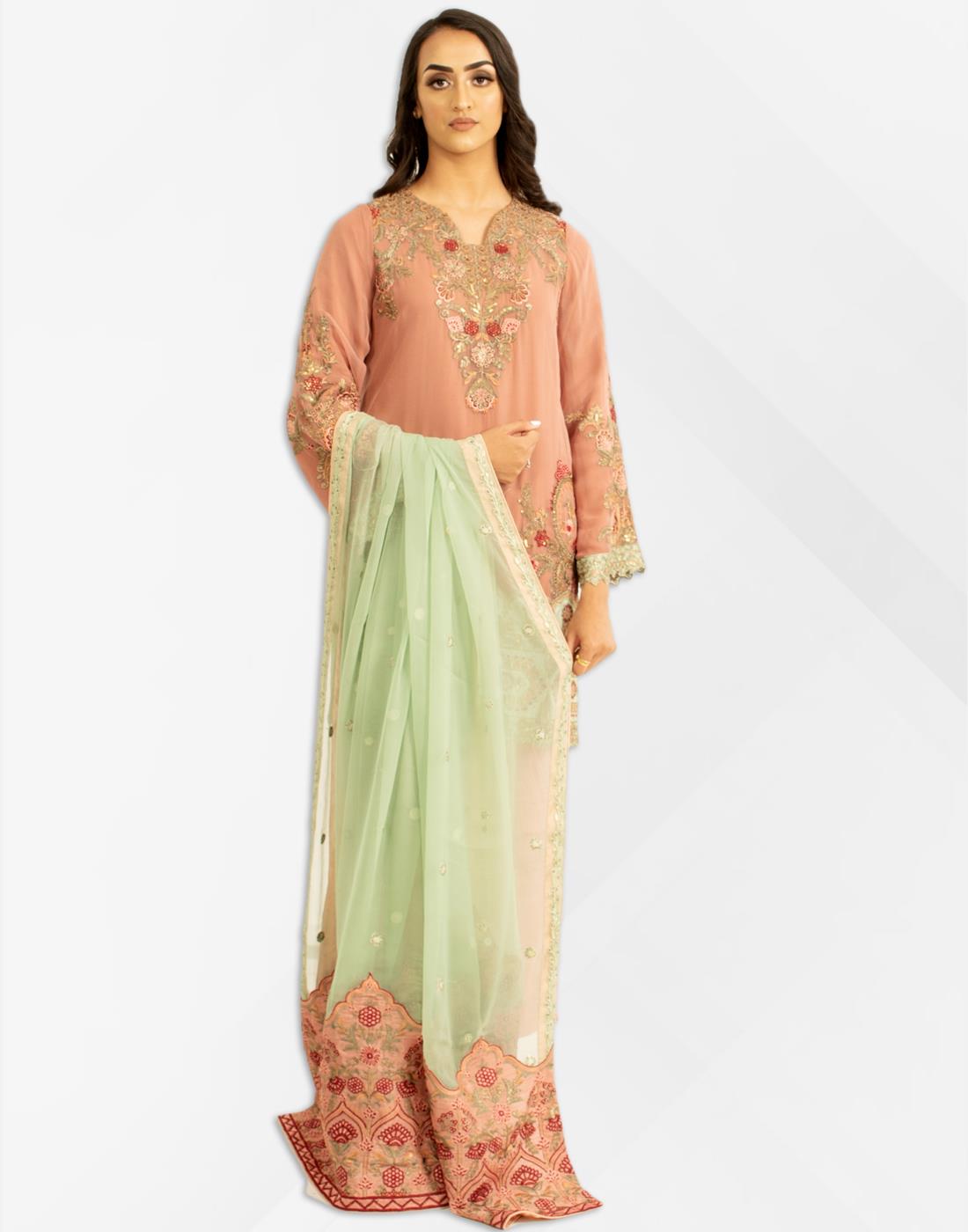 Rose Pink Embroidered Chiffon Kameez with Dupatta & Trouser
