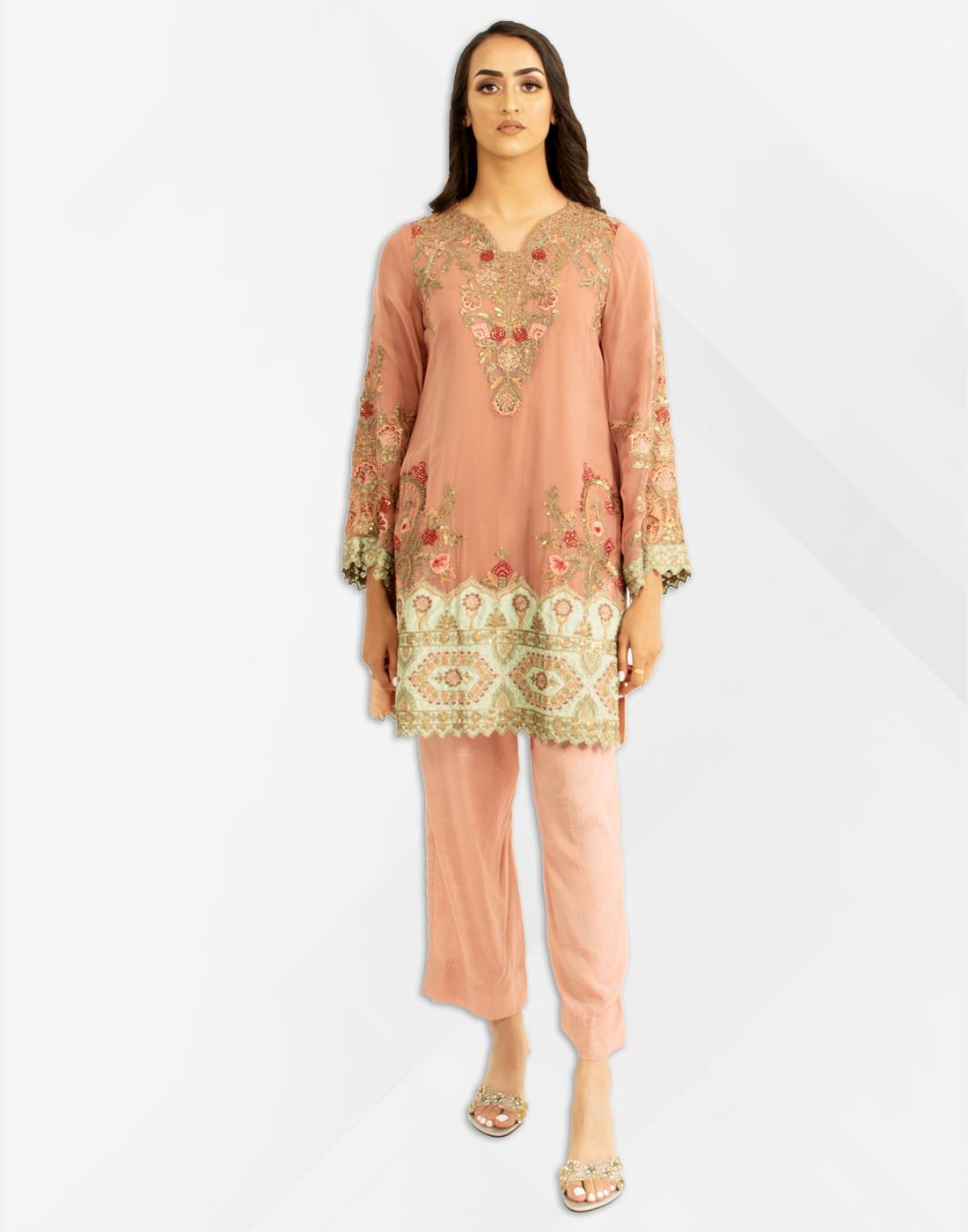 Rose Pink Embroidered Chiffon Kameez with Dupatta & Trouser