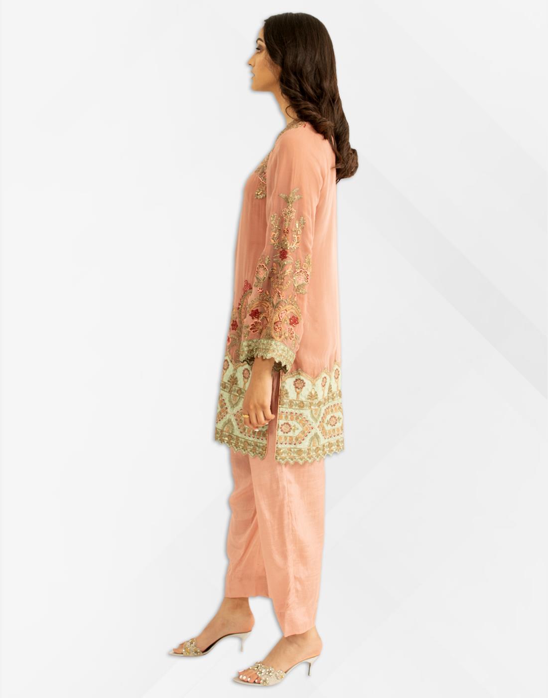 Rose Pink Embroidered Chiffon Kameez with Dupatta & Trouser
