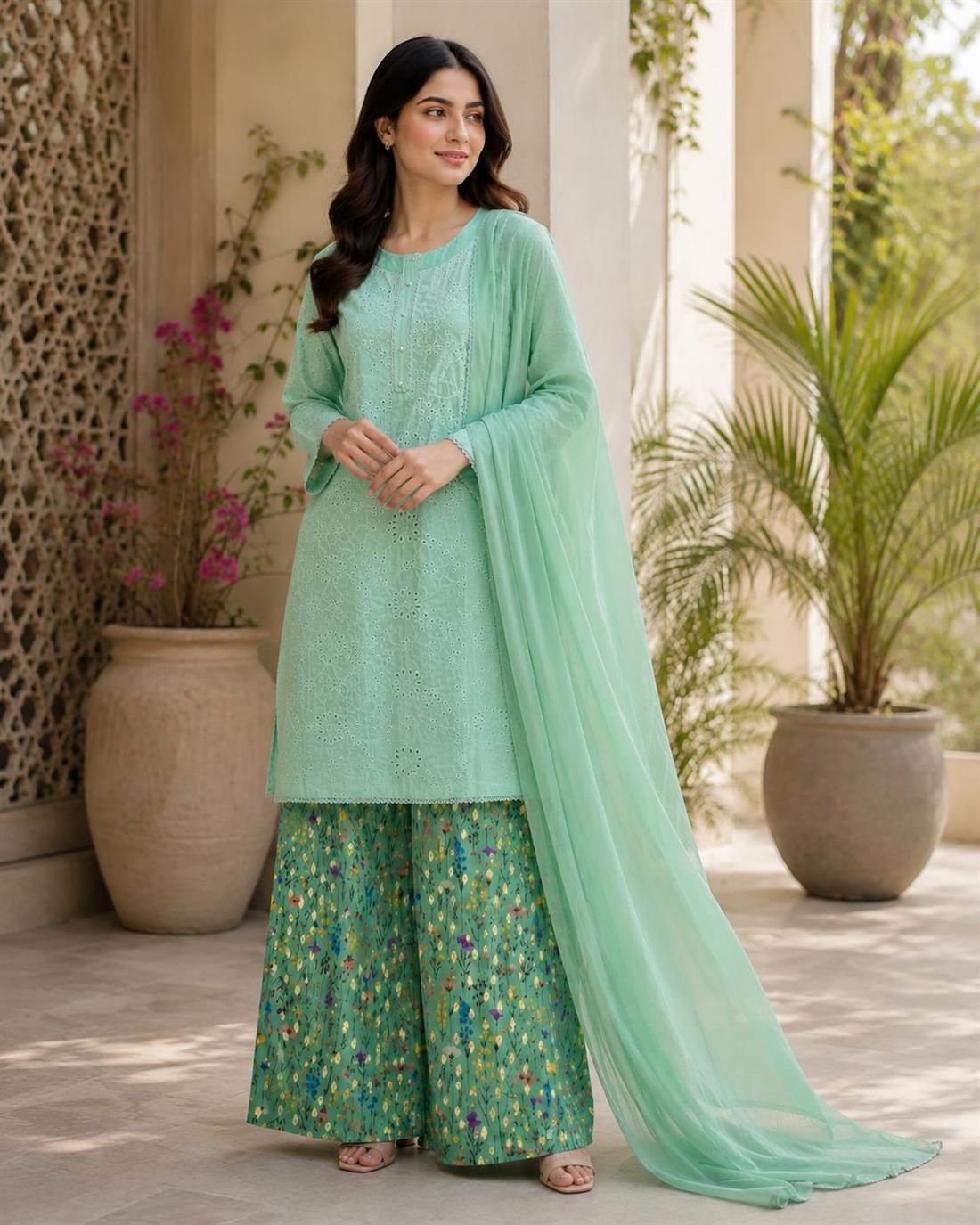 Mint Printed Ladies 3 Piece Suit