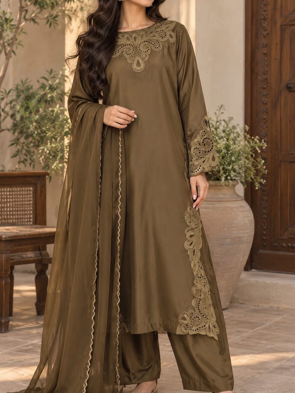 Brown Cutwork Raw Silk Kaftan Ladies 3 Piece Suit