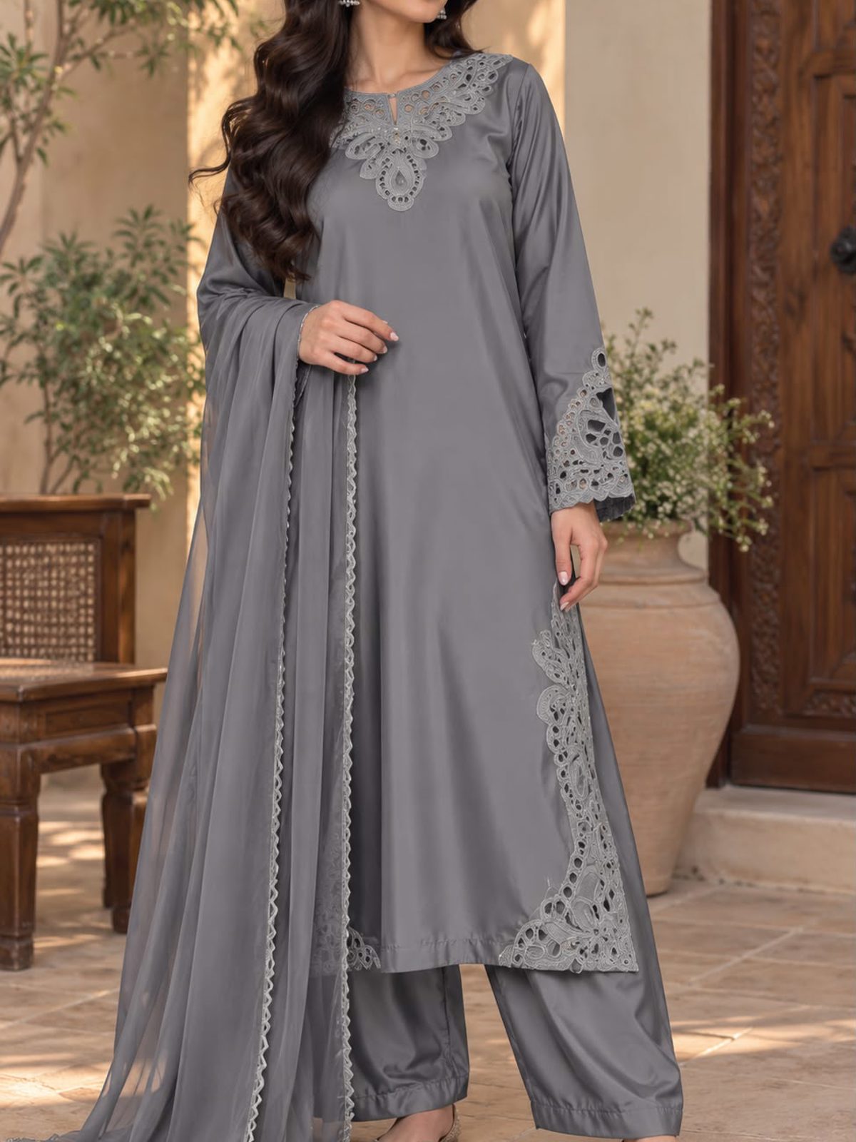 Grey Cutwork Raw Silk Kaftan Ladies 3 Piece Suit