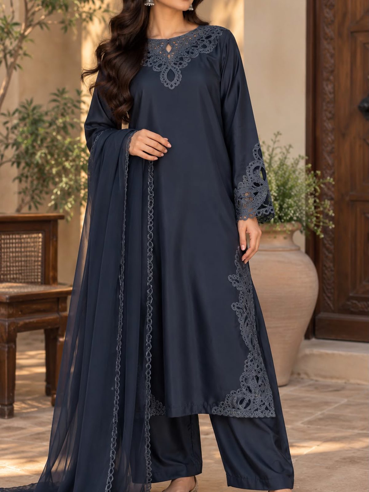 Navy Cutwork Raw Silk Kaftan Ladies 3 Piece Suit