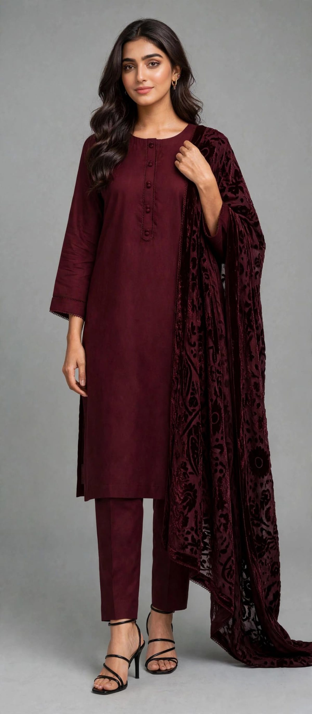 Maroon Velvet Ladies 3 Piece Suit