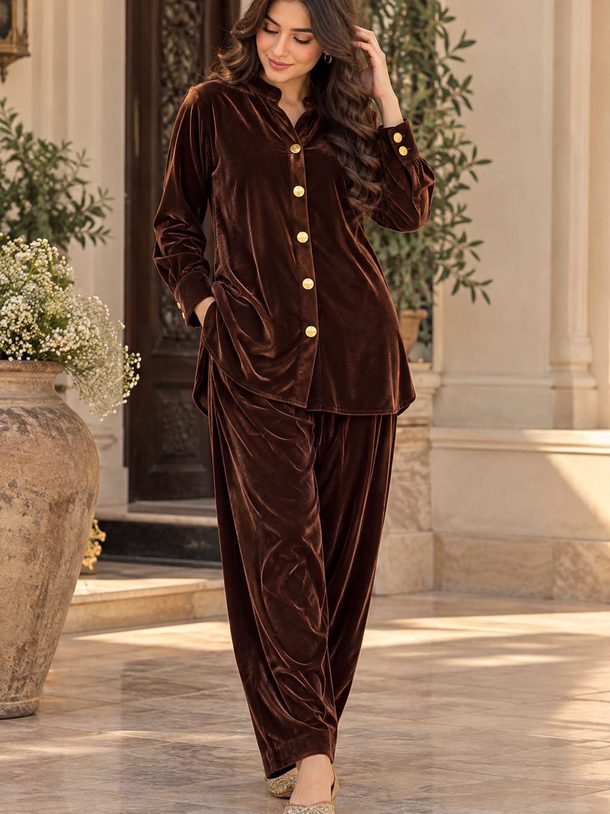 Brown Velvet Co-ord Ladies 2 Piece Suit