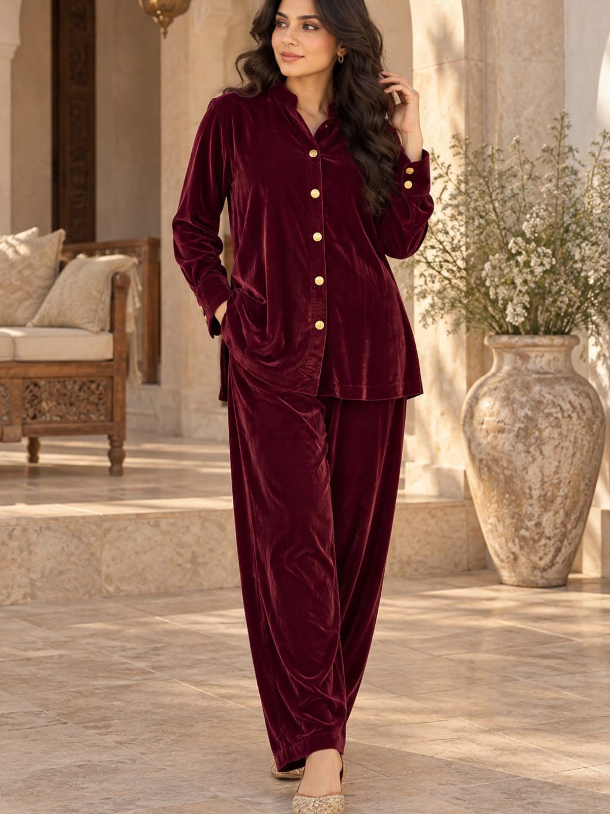 Maroon Velvet Co-ord Ladies 2 Piece Suit