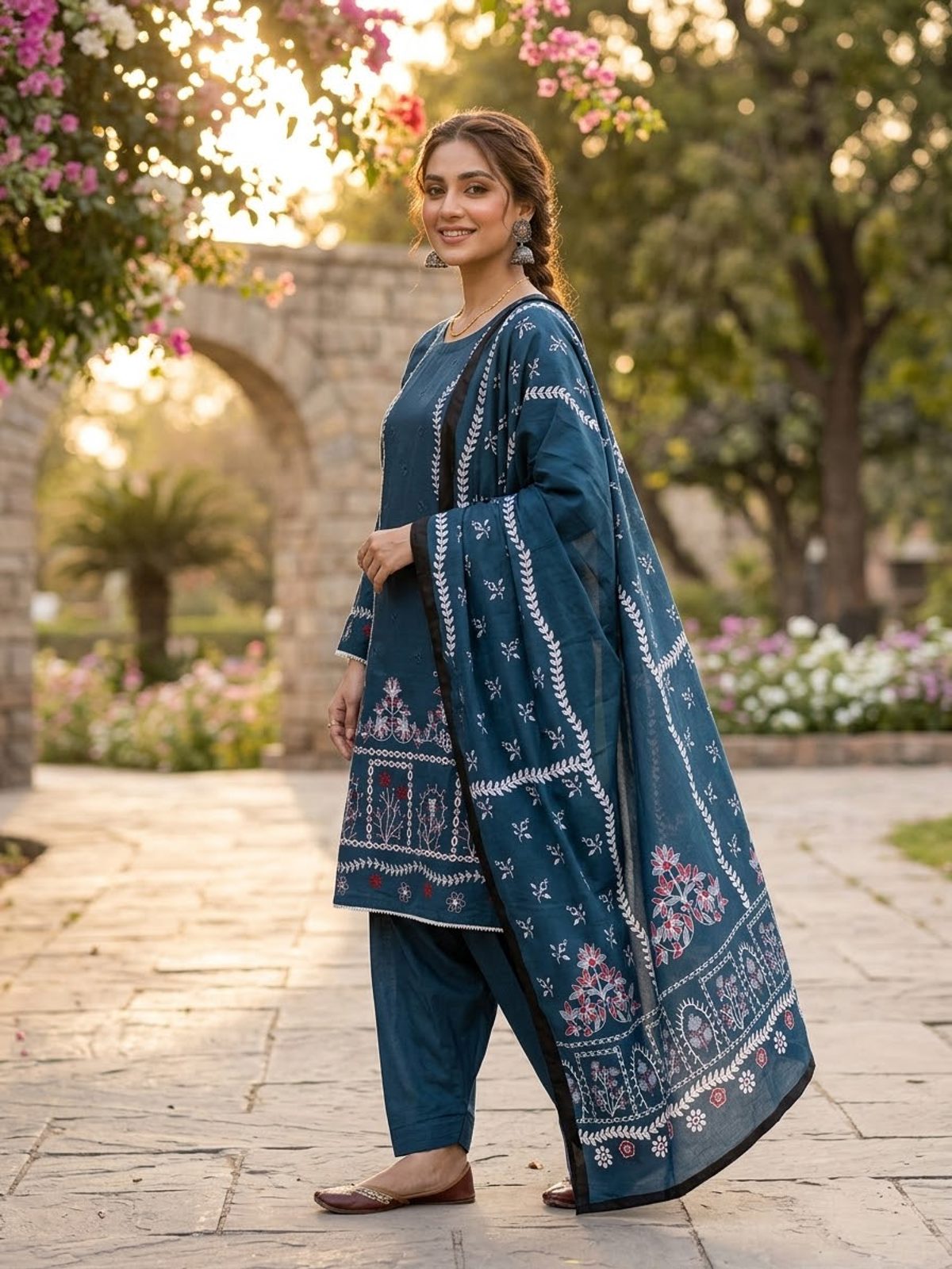 Teal Blue Embroidered 3 Piece Winter Collection Suit