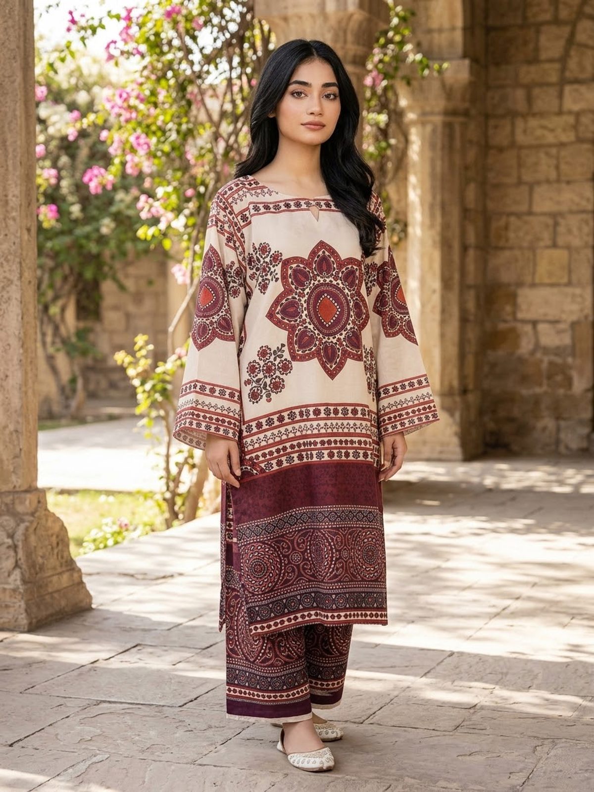 White & Maroon 2 Piece Linen Winter Collection