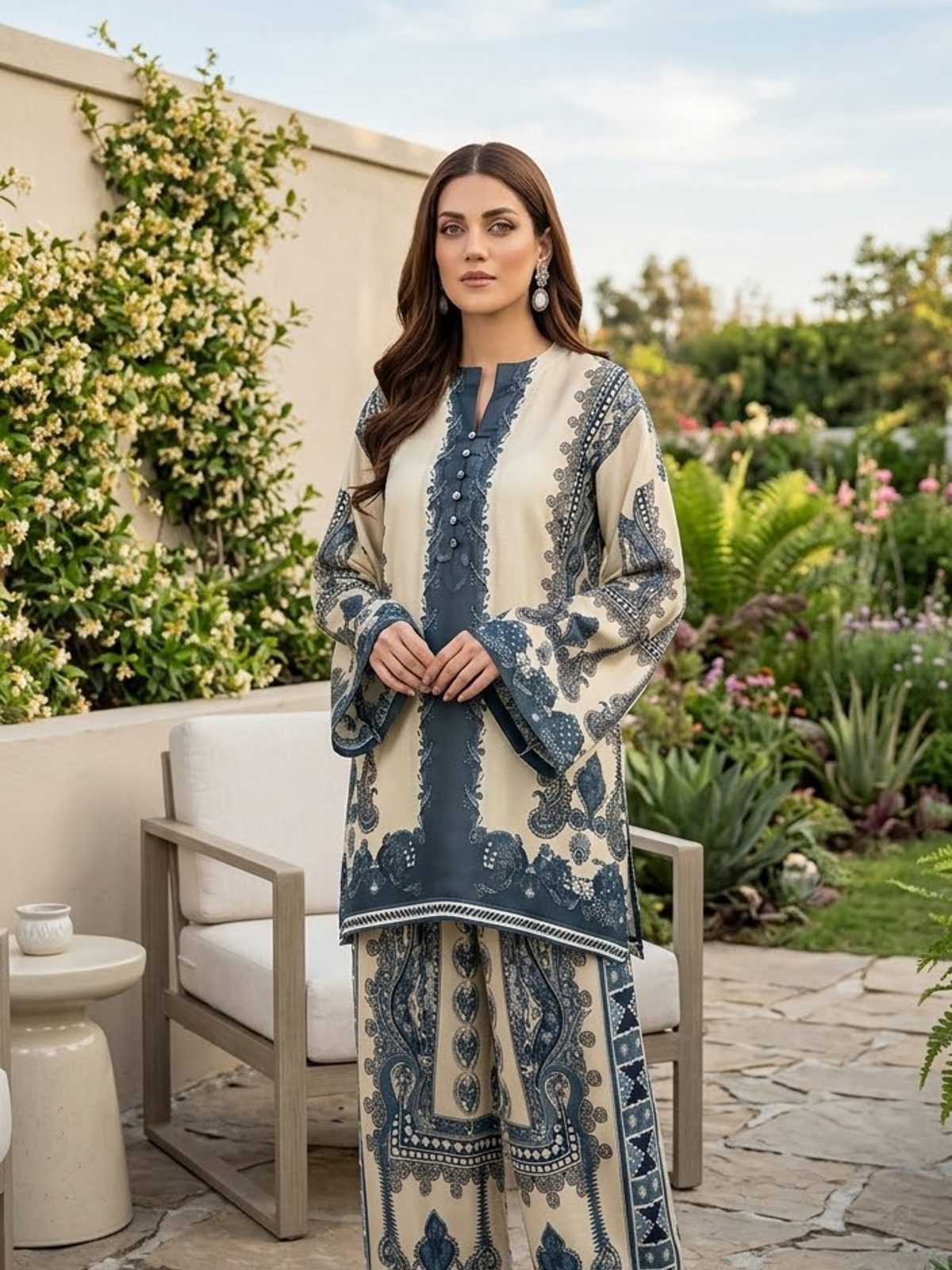 Cream & Navy 2 Piece Linen Winter Collection