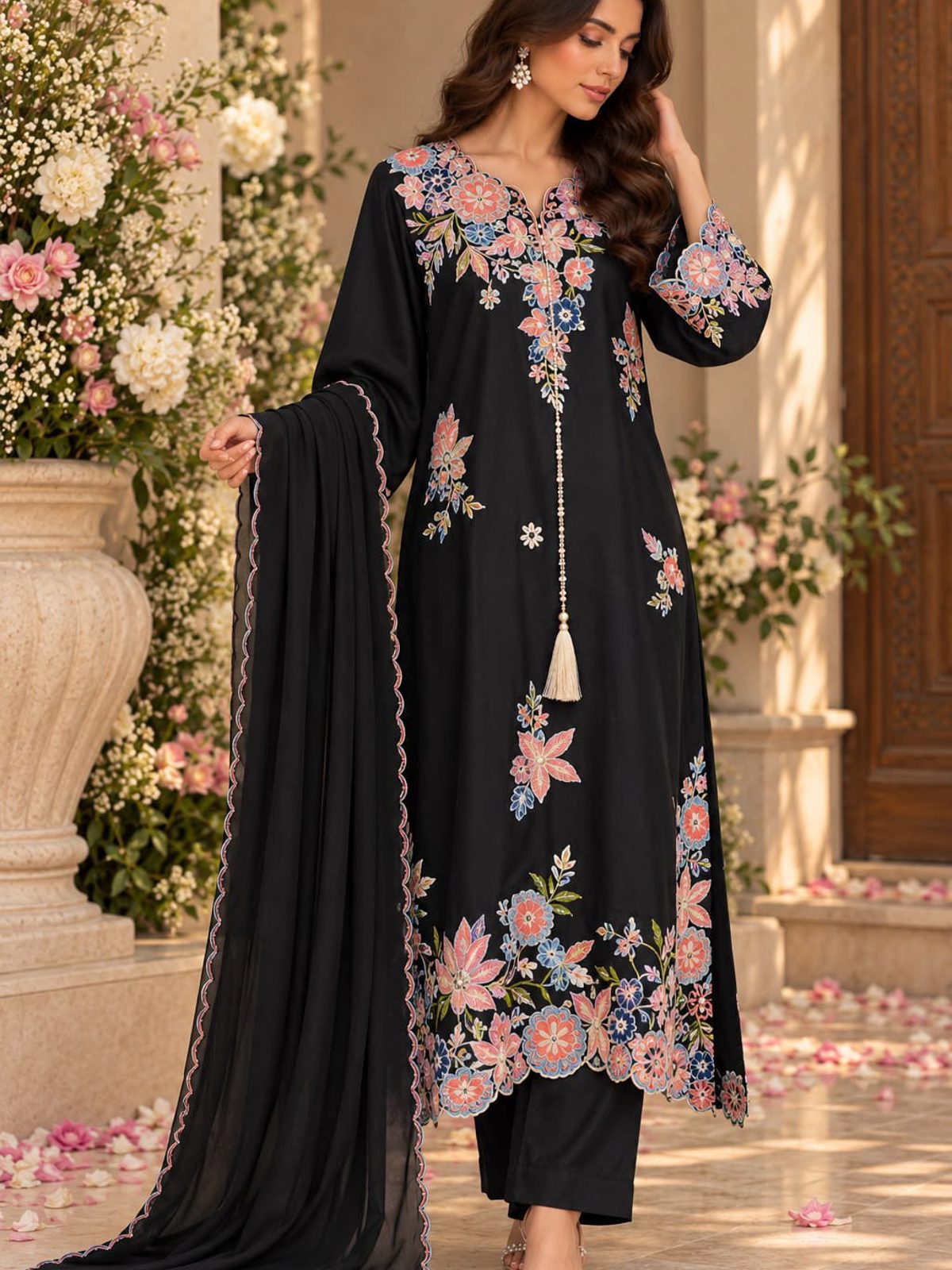 Black Cutwork Raw Silk A-Line Ladies 3 Piece Suit