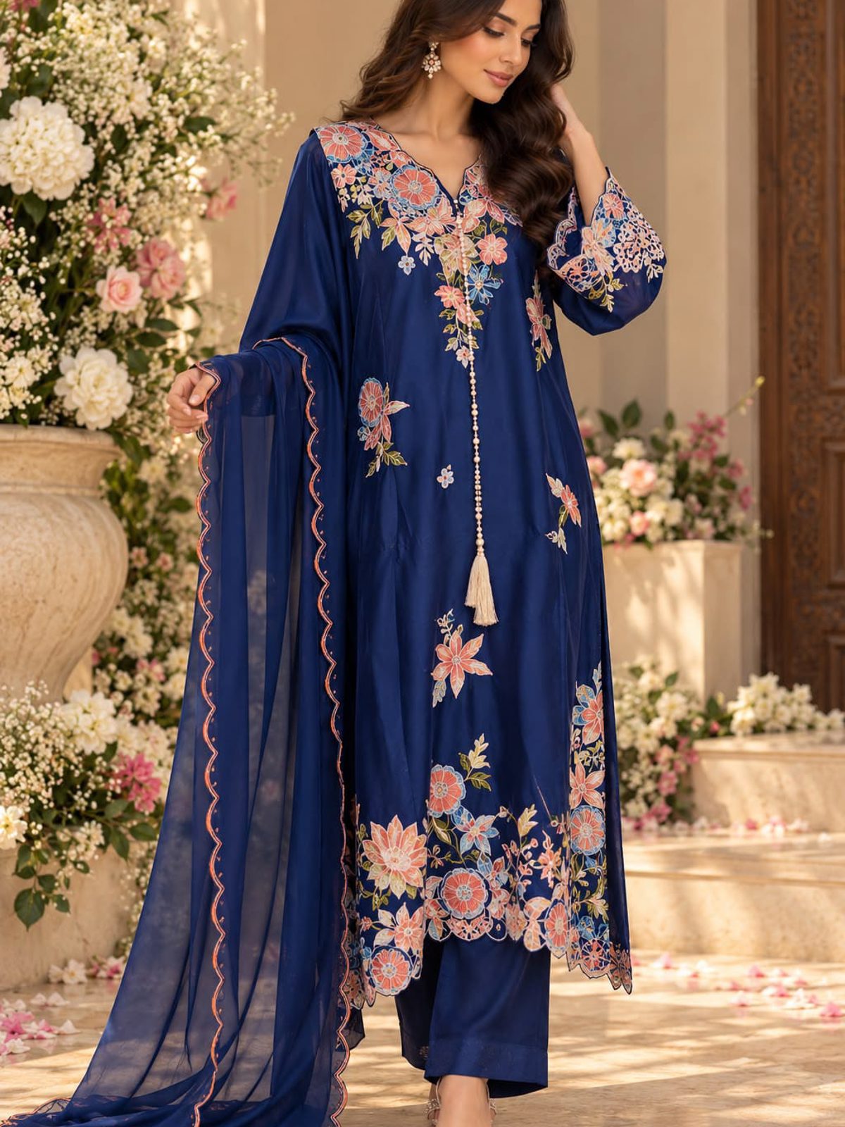 Blue Cutwork Raw Silk A-Line Ladies 3 Piece Suit