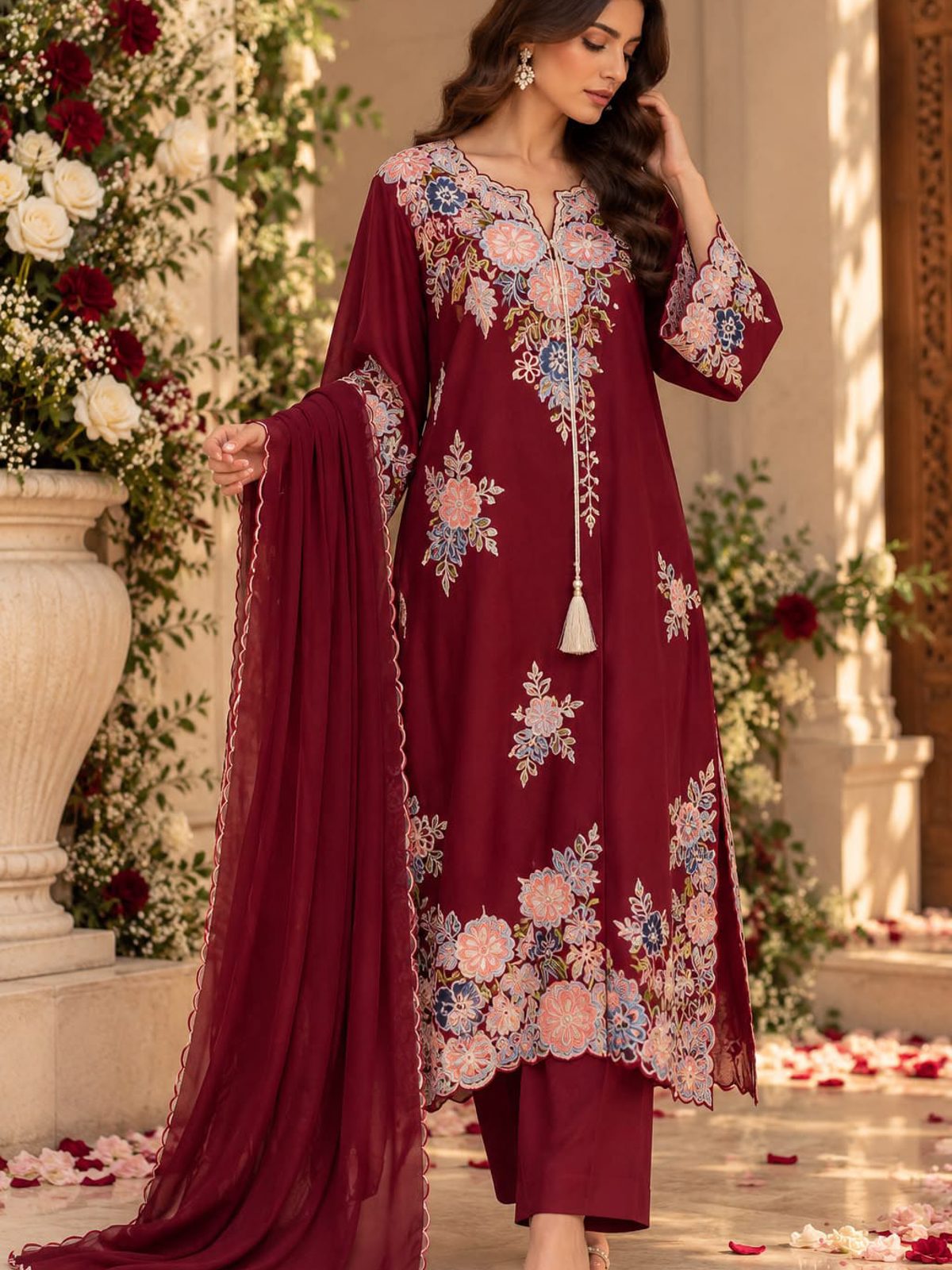 Maroon Cutwork Raw Silk A-Line Ladies 3 Piece Suit