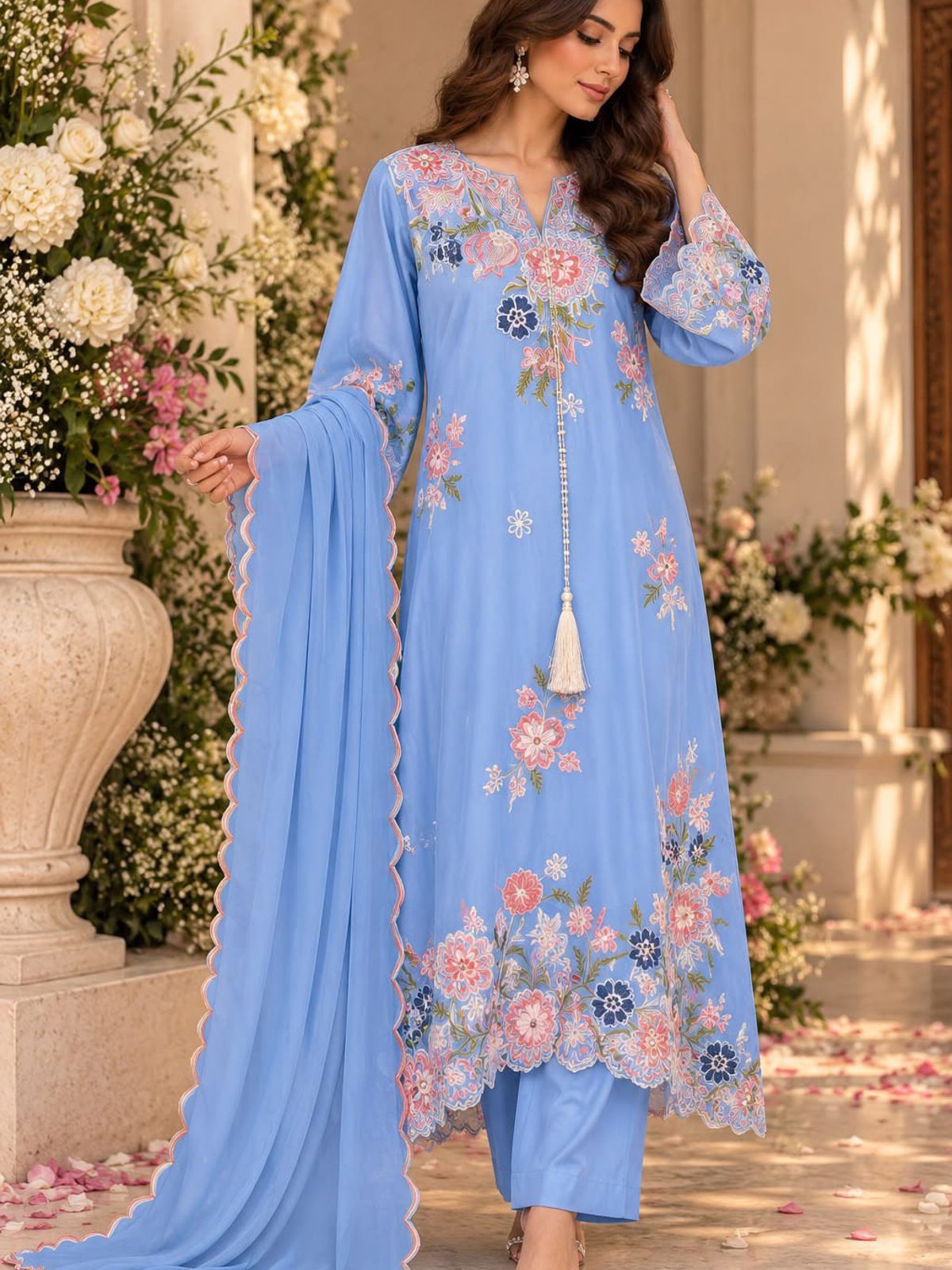 Sky Blue Cutwork Raw Silk A-Line Ladies 3 Piece Suit