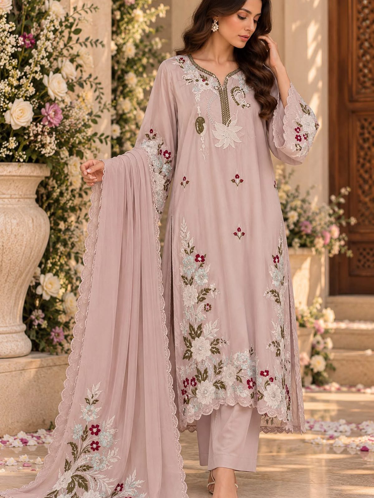 Baby Pink Cutwork Raw Silk A-Line Ladies 3 Piece Suit