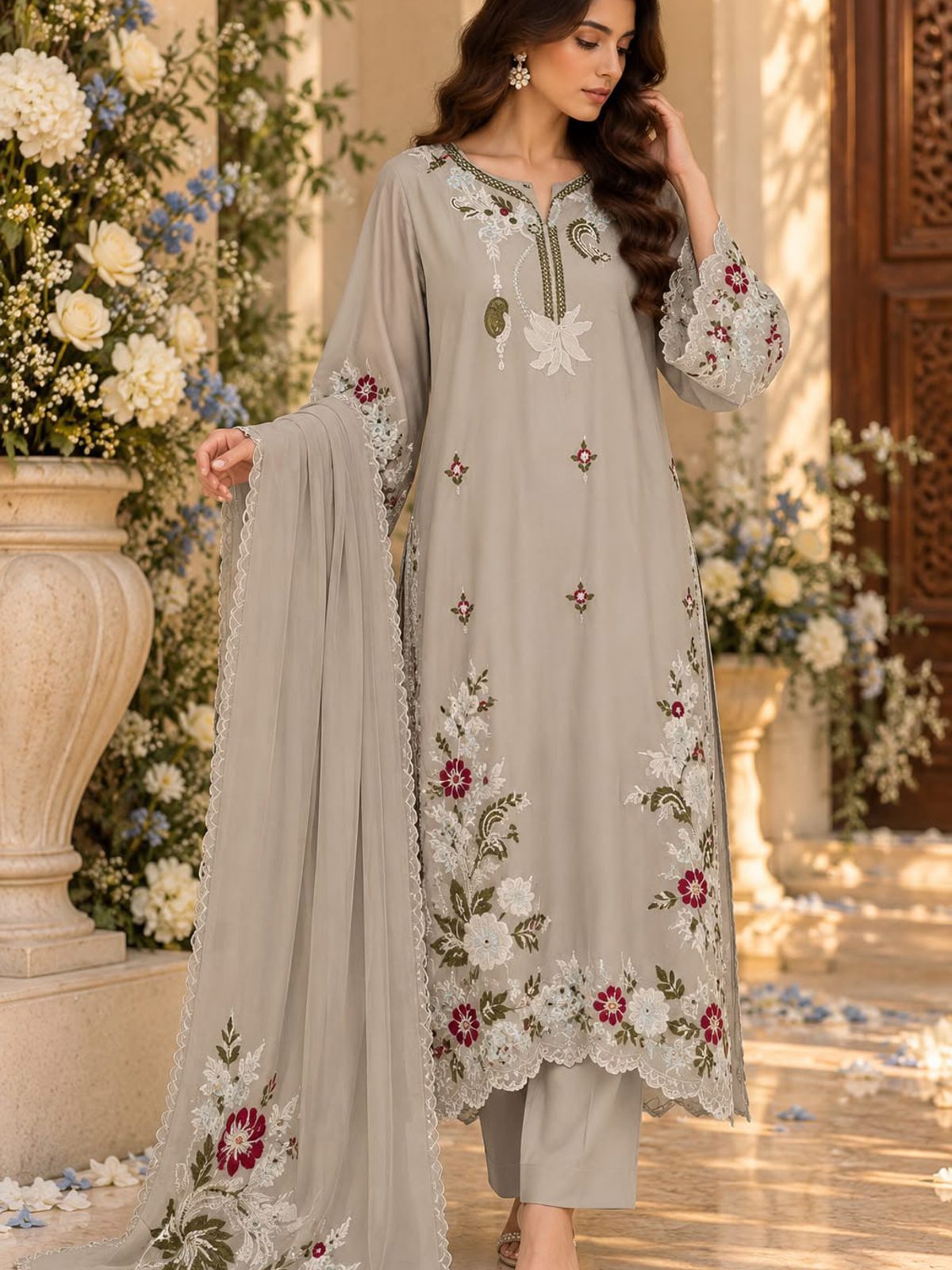 Beige Cutwork Raw Silk A-Line Ladies 3 Piece Suit