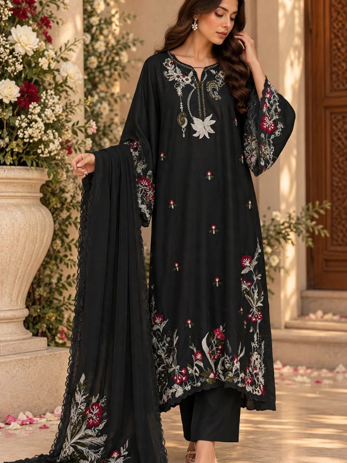 Black Cutwork Raw Silk A-Line Ladies 3 Piece Suit