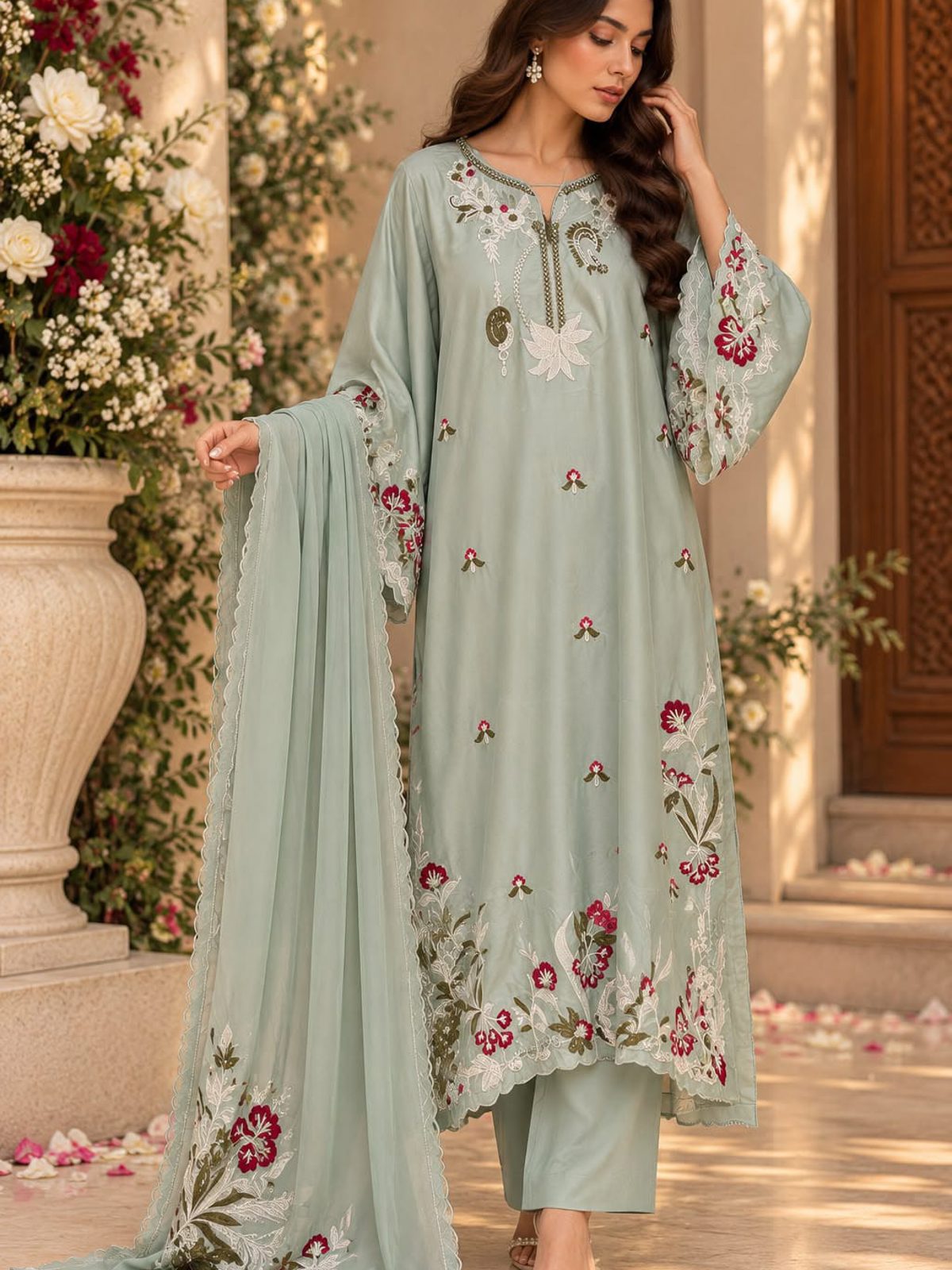 Mint Cutwork Raw Silk A-Line Ladies 3 Piece Suit