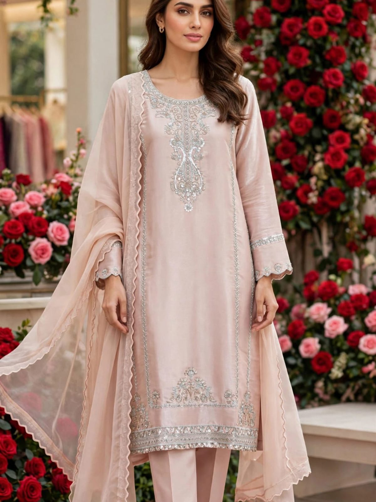 Dusty Pink Sequinned Chiffon Ladies 3 Piece Suit
