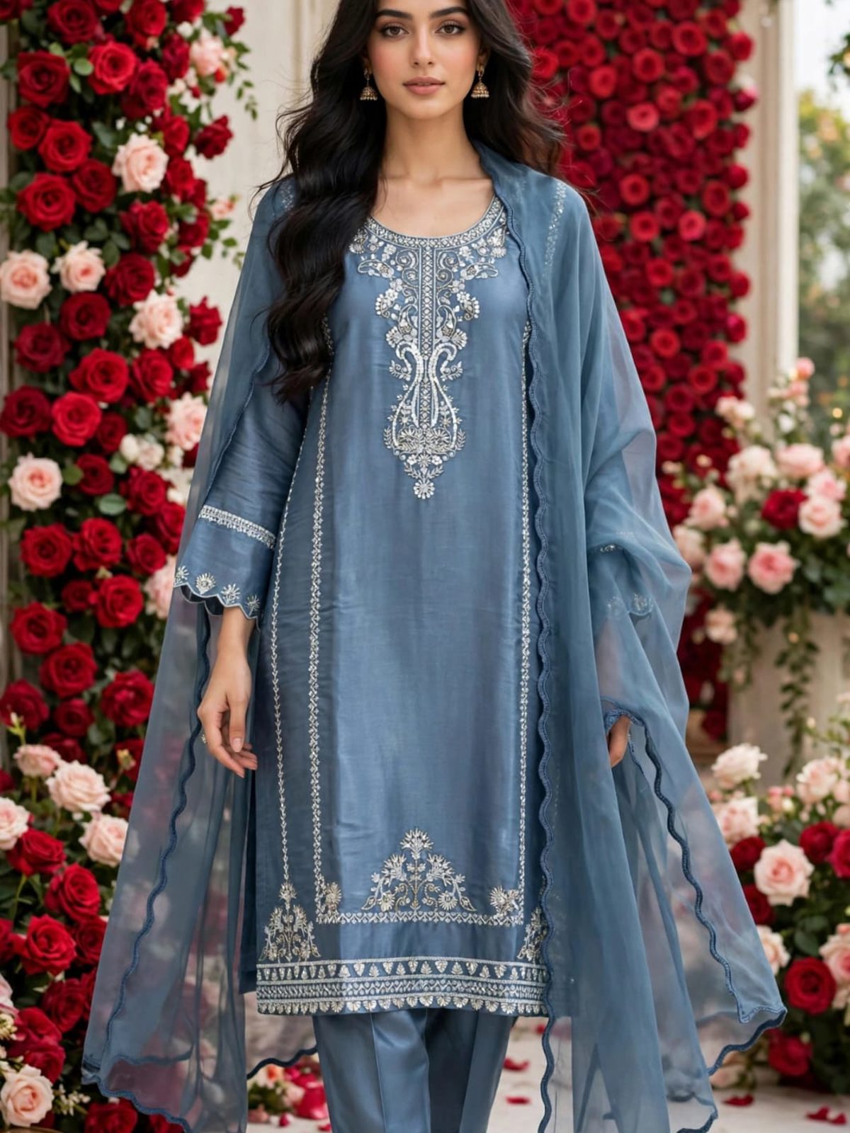 Grey Sequinned Chiffon Ladies 3 Piece Suit