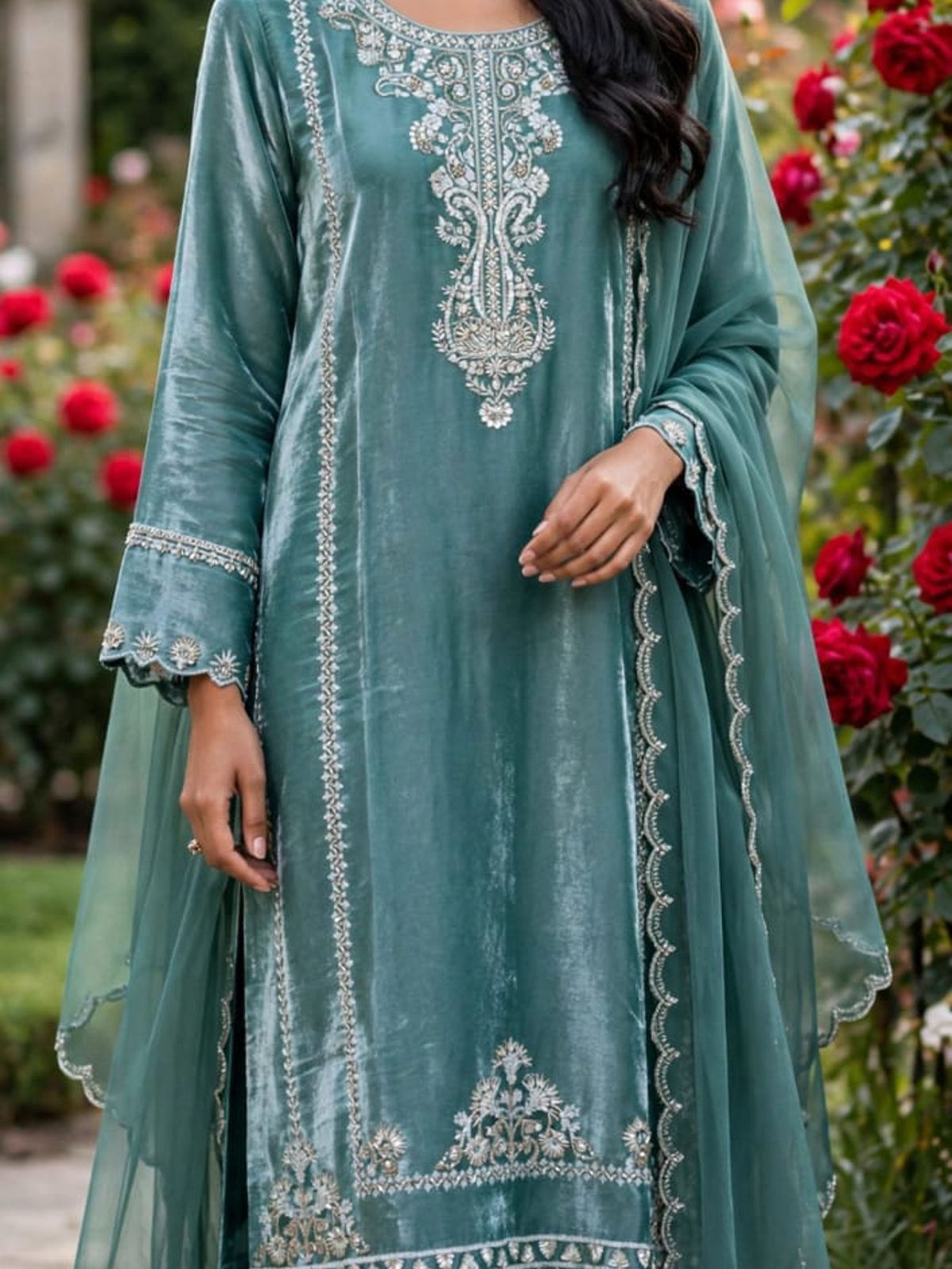 Sage Green Sequinned Chiffon Ladies 3 Piece Suit
