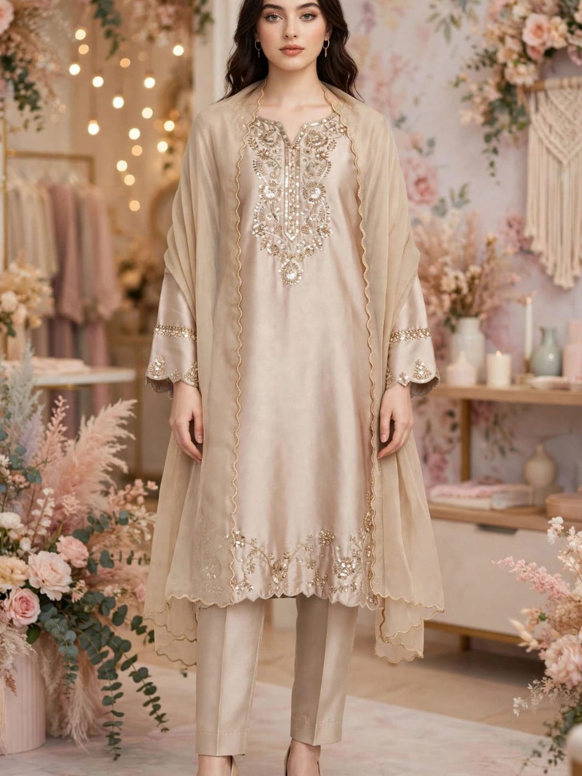 Beige Sequinned Chiffon Ladies 3 Piece Suit