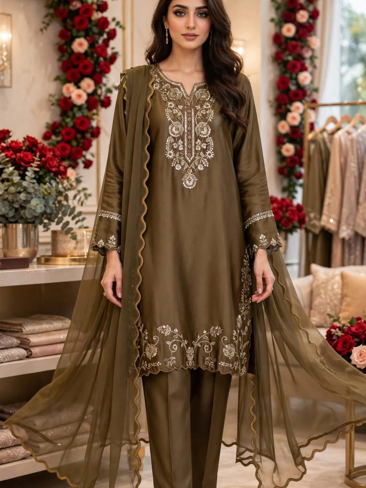 Brown Sequinned Chiffon Ladies 3 Piece Suit