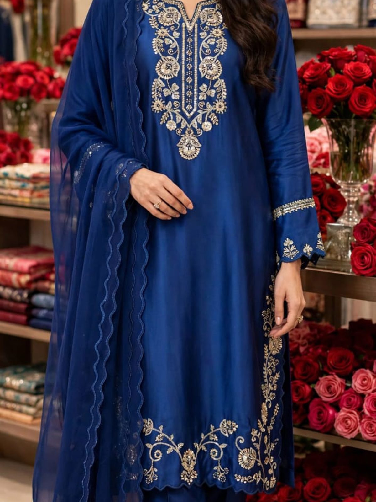 Navy Blue Sequinned Chiffon Ladies 3 Piece Suit