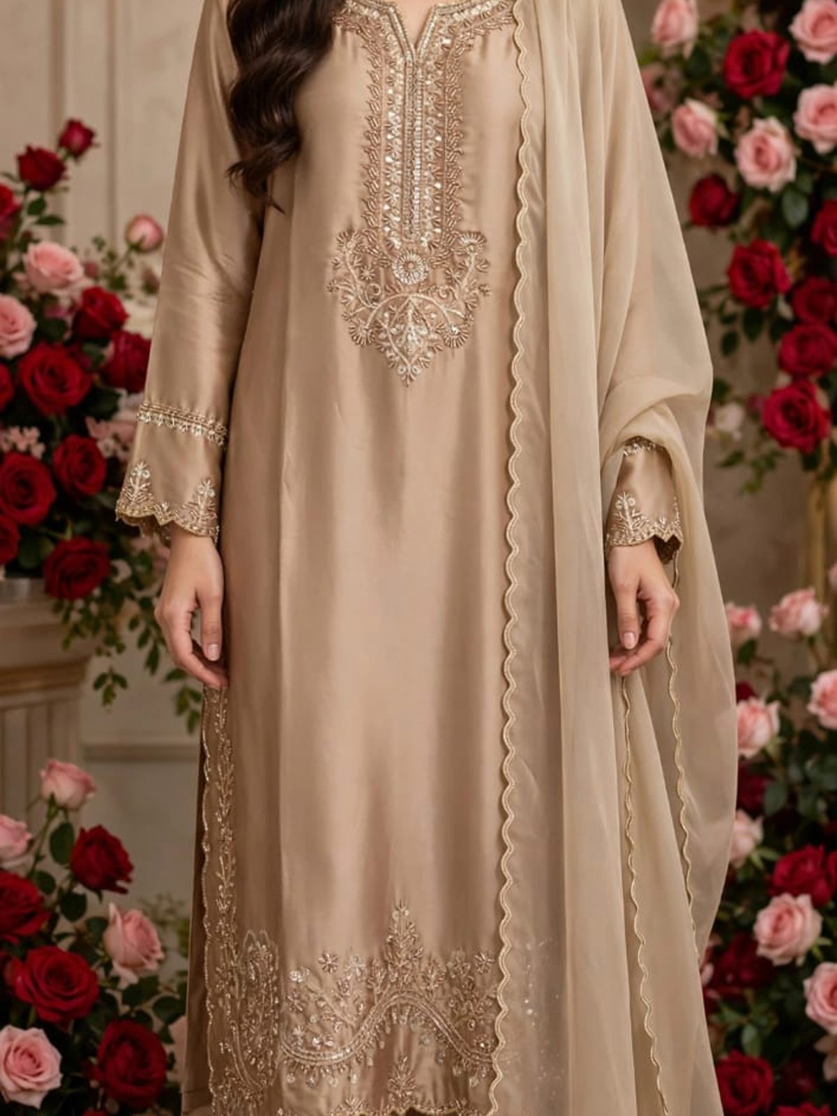 Champagne Gold Sequinned Chiffon Ladies 3 Piece Suit