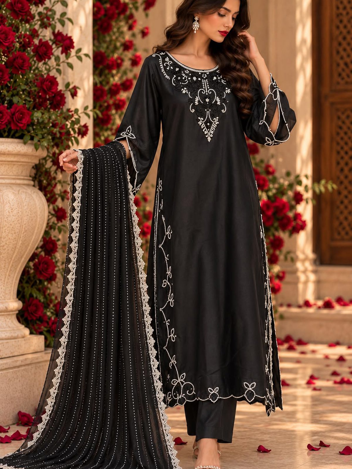 Black Sequinned Chiffon Ladies 3 Piece