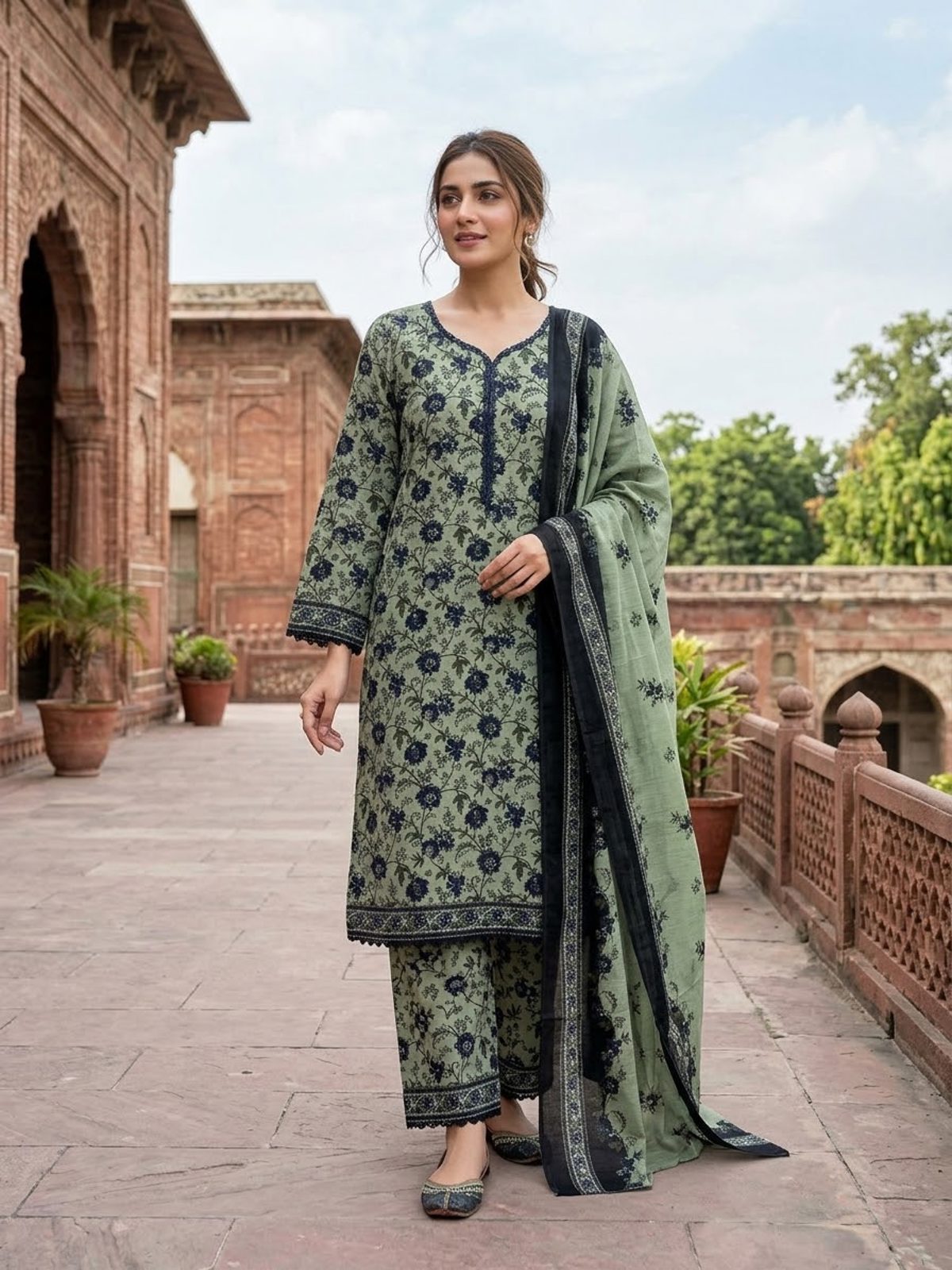 Mint & Navy Printed Ladies 3 Piece Khaddar Suit