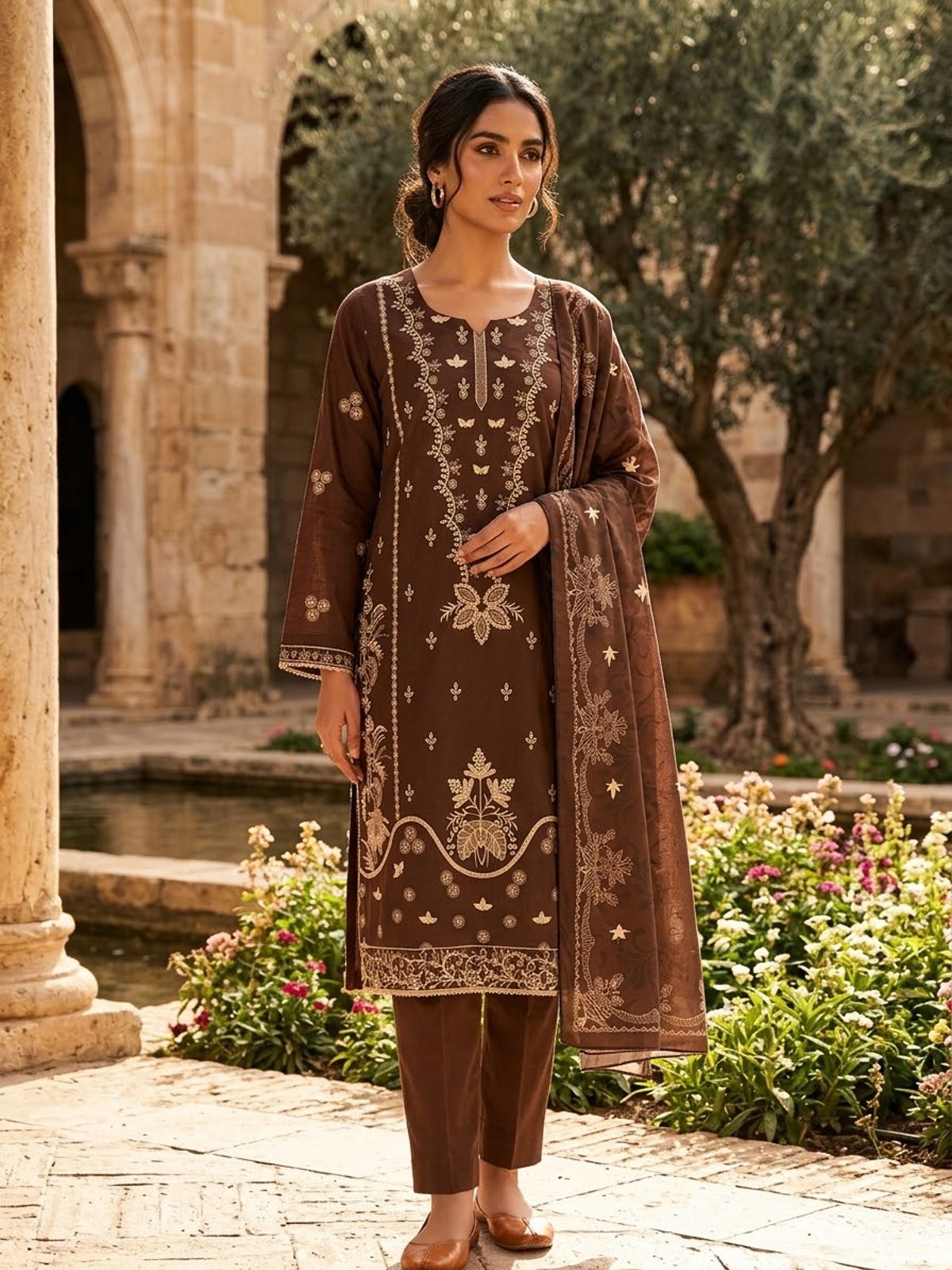Brown Printed Ladies 3 Piece Khaddar Suit