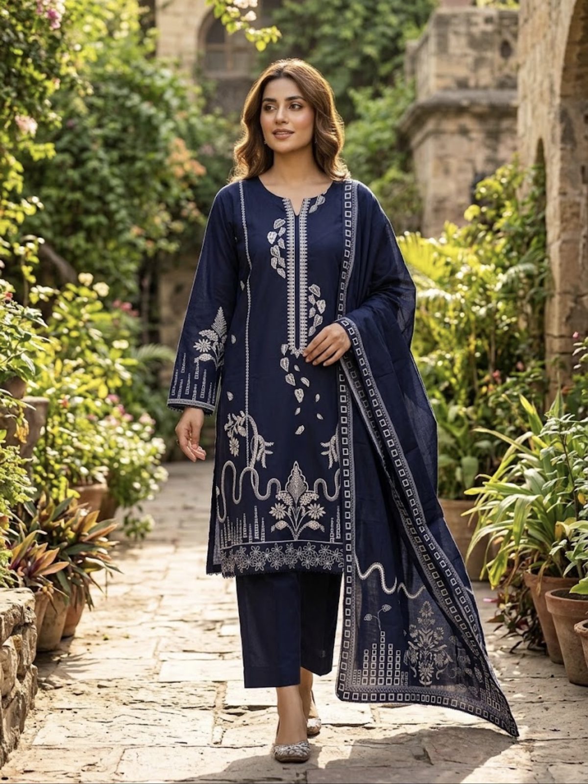 Navy Printed Ladies 3 Piece Khaddar Suit