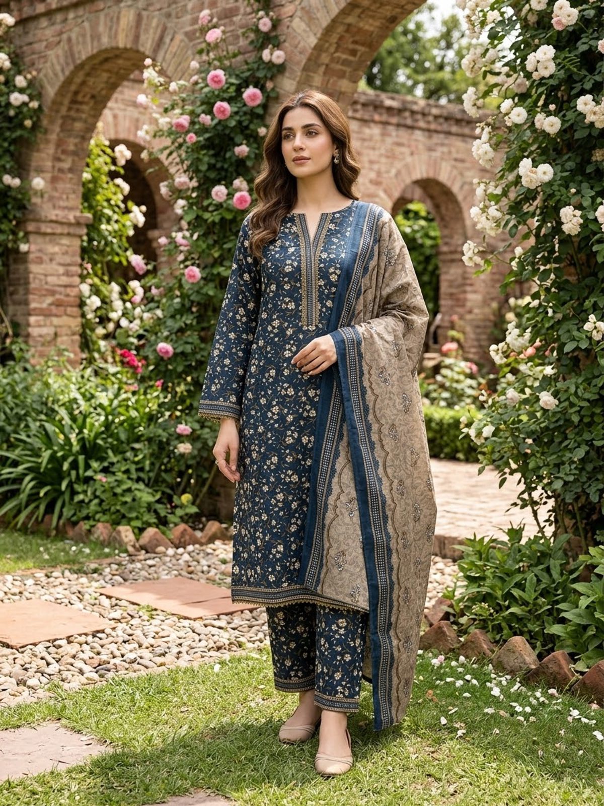 Teal Printed Ladies 3 Piece Khaddar Suit