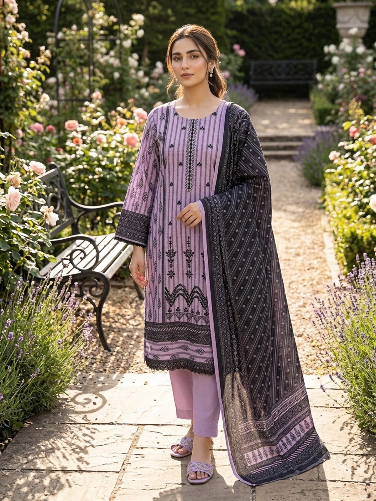 Lilac Printed Ladies 3 Piece Khaddar Suit
