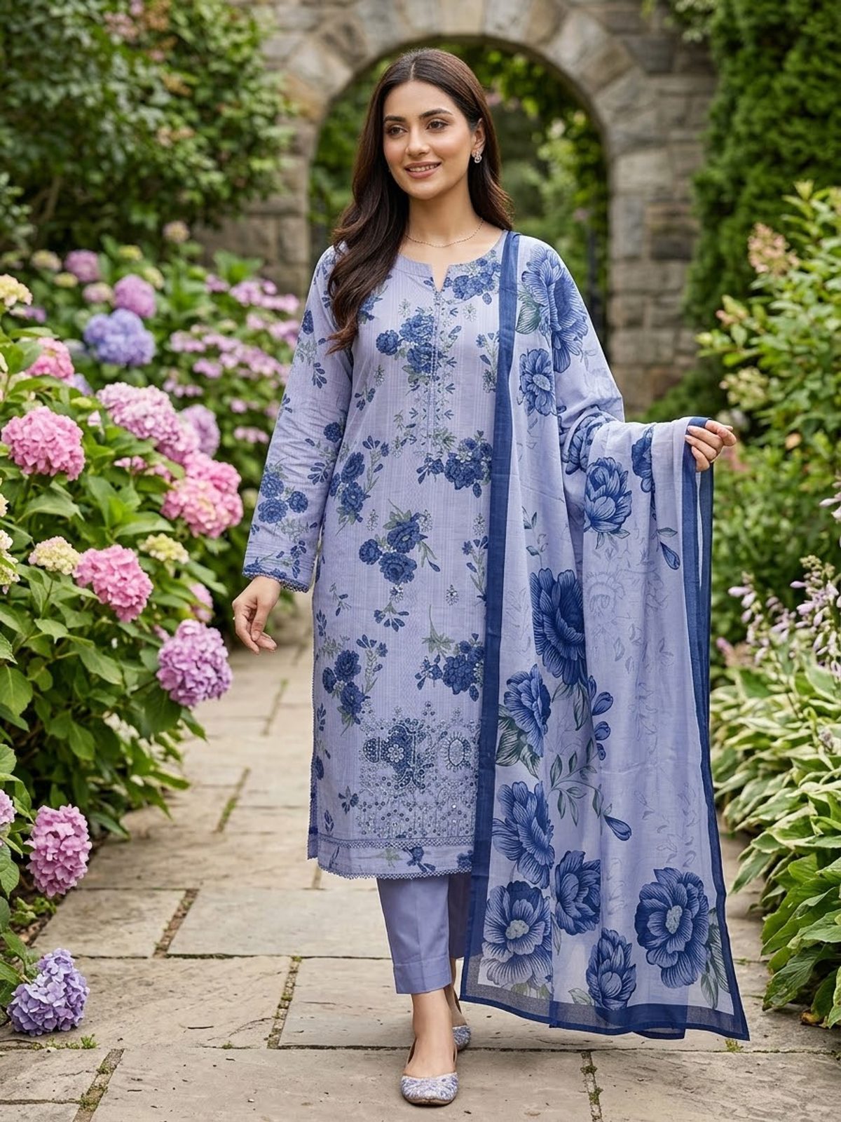 Sky Blue Printed Ladies 3 Piece Khaddar Suit