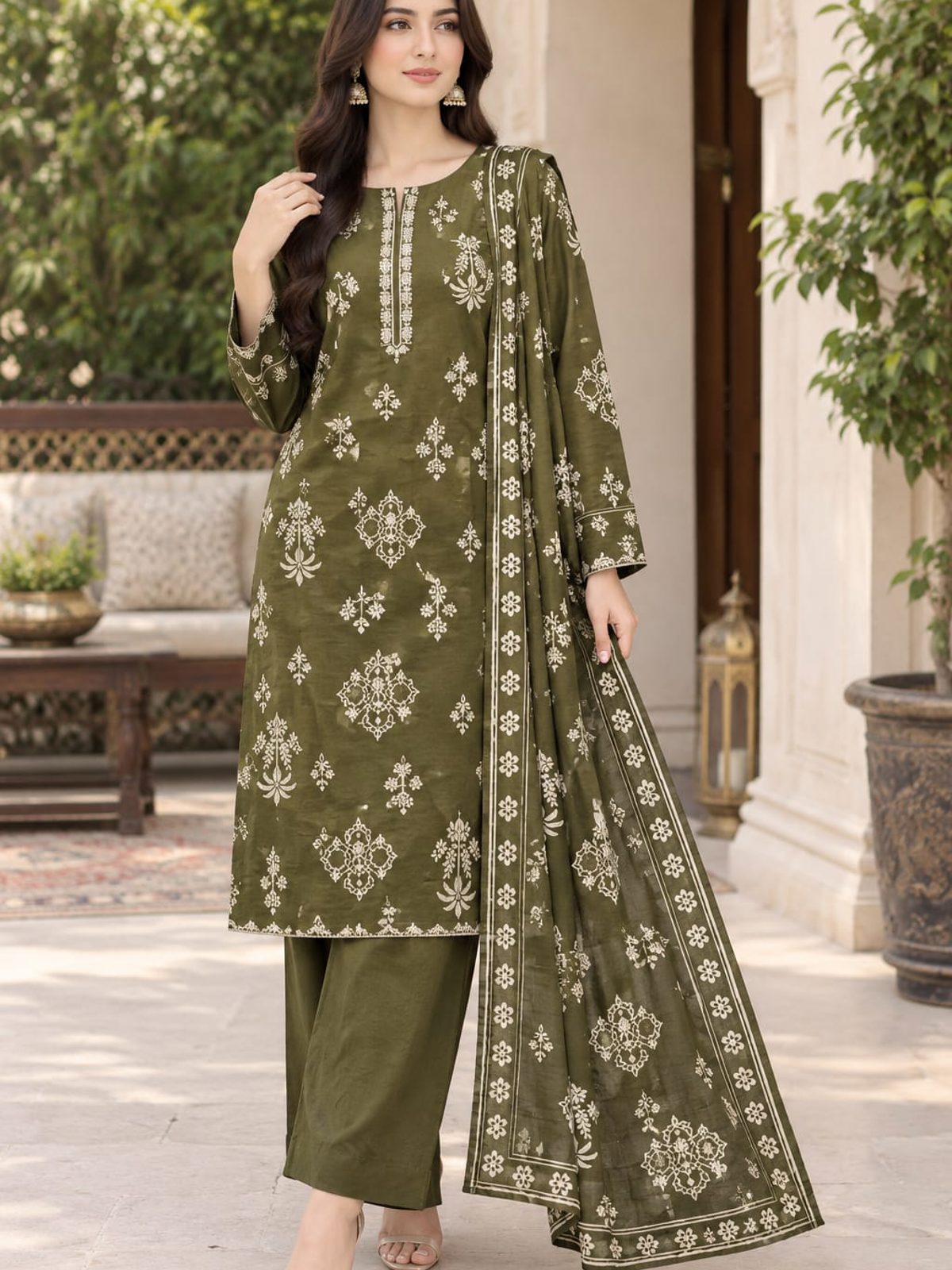 Mehendi Green Printed Ladies 3 Piece Khaddar Suit
