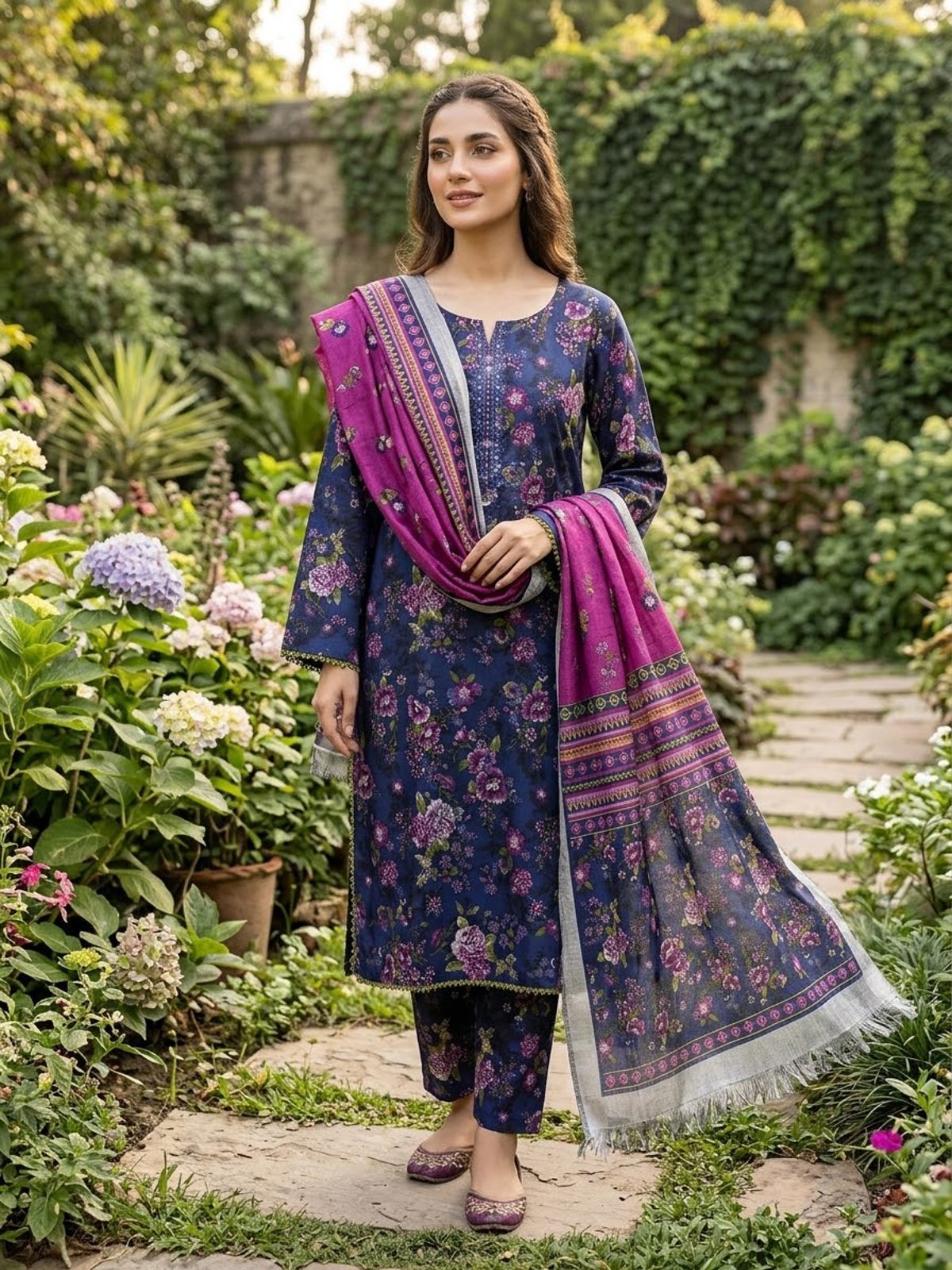 Purple 3 Piece Stitched Embroidered Khaddar Suit