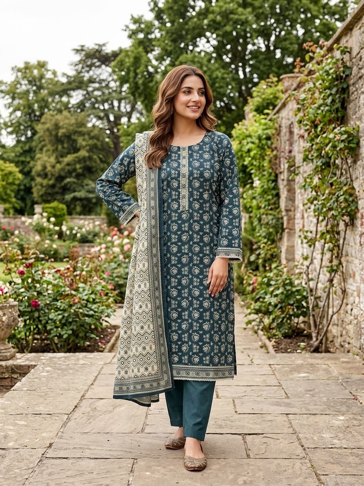 Teal & Cream Printed 3 Piece Stitched Khaddar Suit