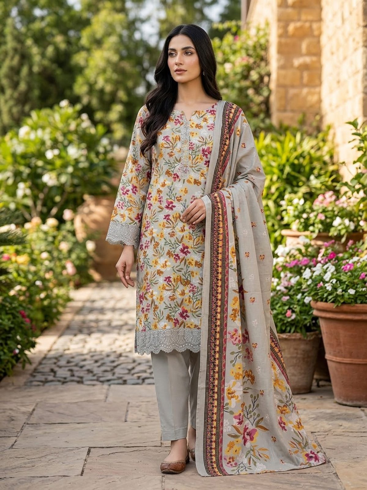 Light Grey & Multicolour 3 Piece Stitched Embroidered Khaddar Suit