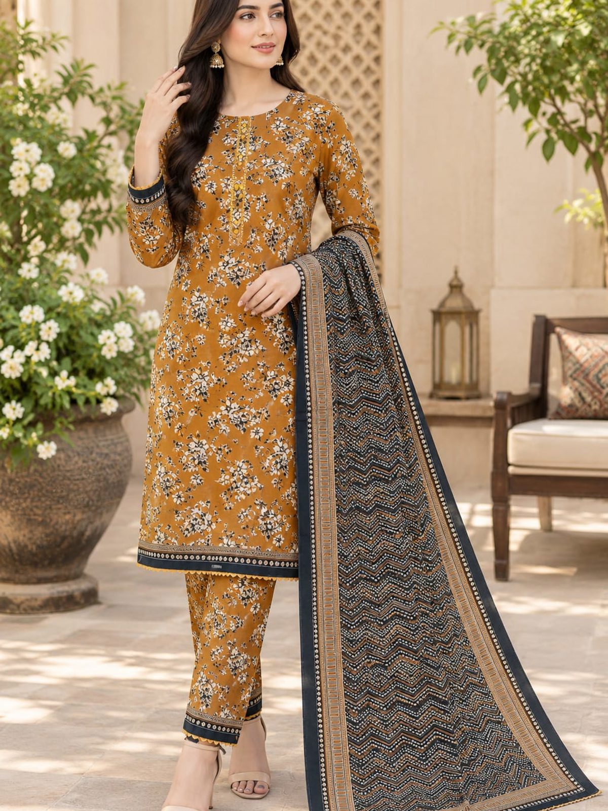 Burnt Orange Printed 3 Piece Stitched Khaddar Suit