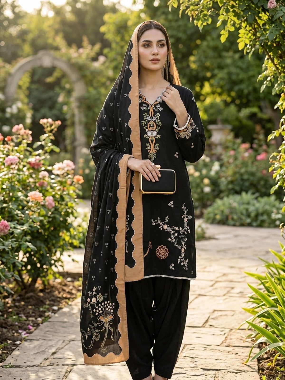 Black 3 Piece Stitched Embroidered Khaddar Suit