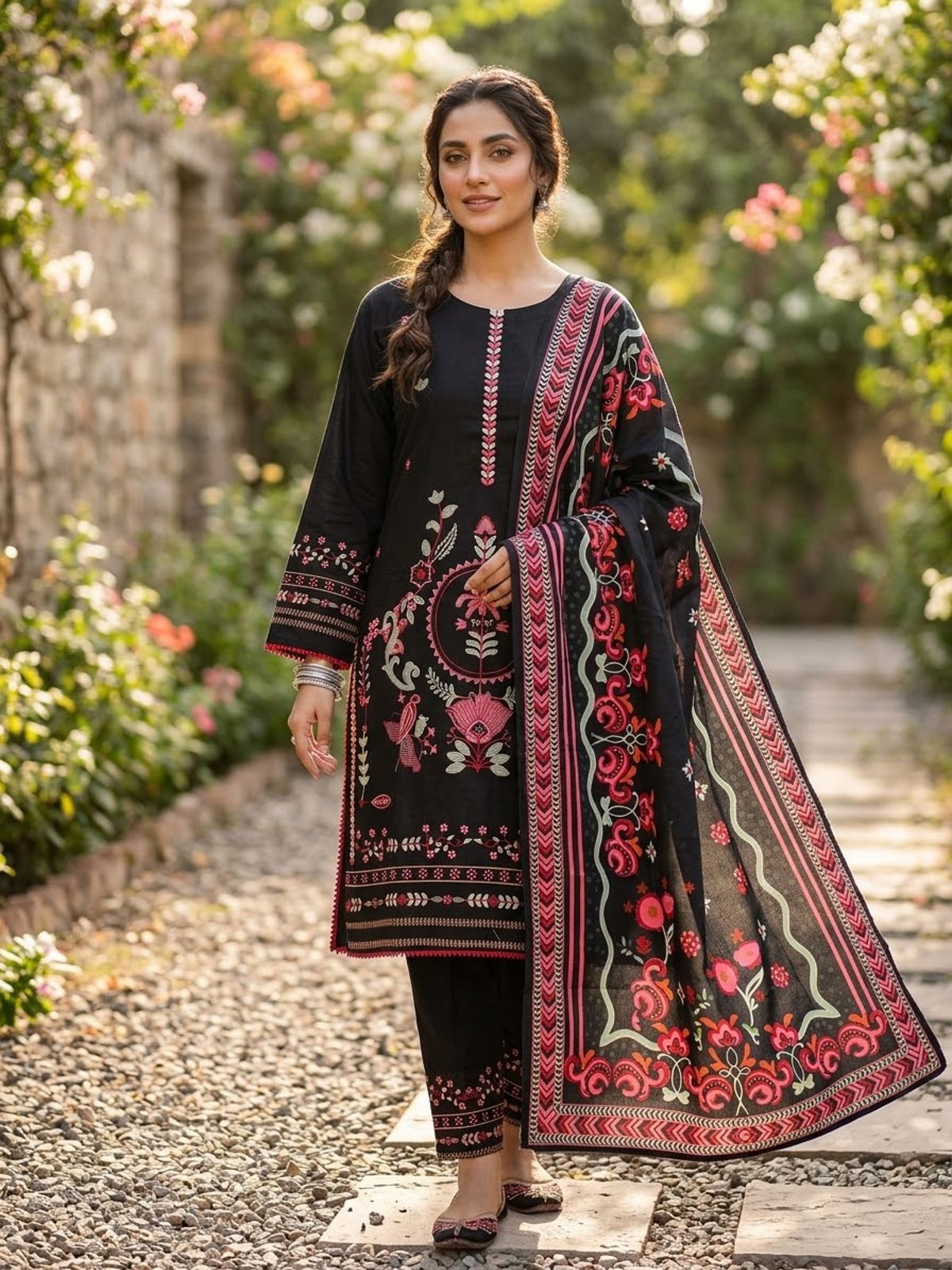 Black & Multicolour 3 Piece Stitched Embroidered Khaddar Suit