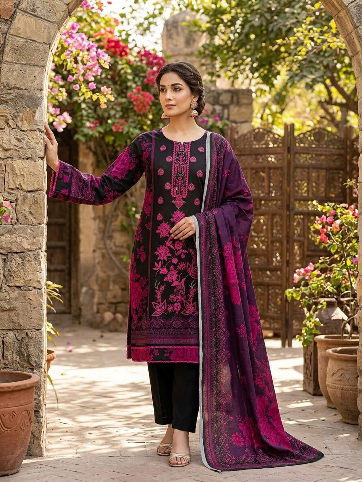Black & Pink 3 Piece Stitched Embroidered Khaddar Suit