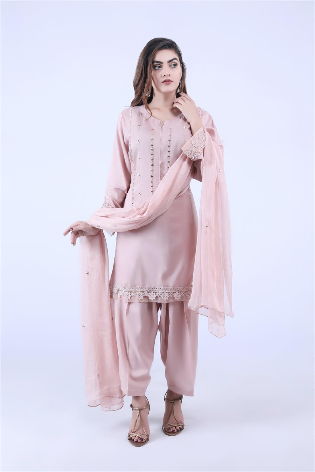 Tea Pink Mirror Work Chiffon Zoya Collections