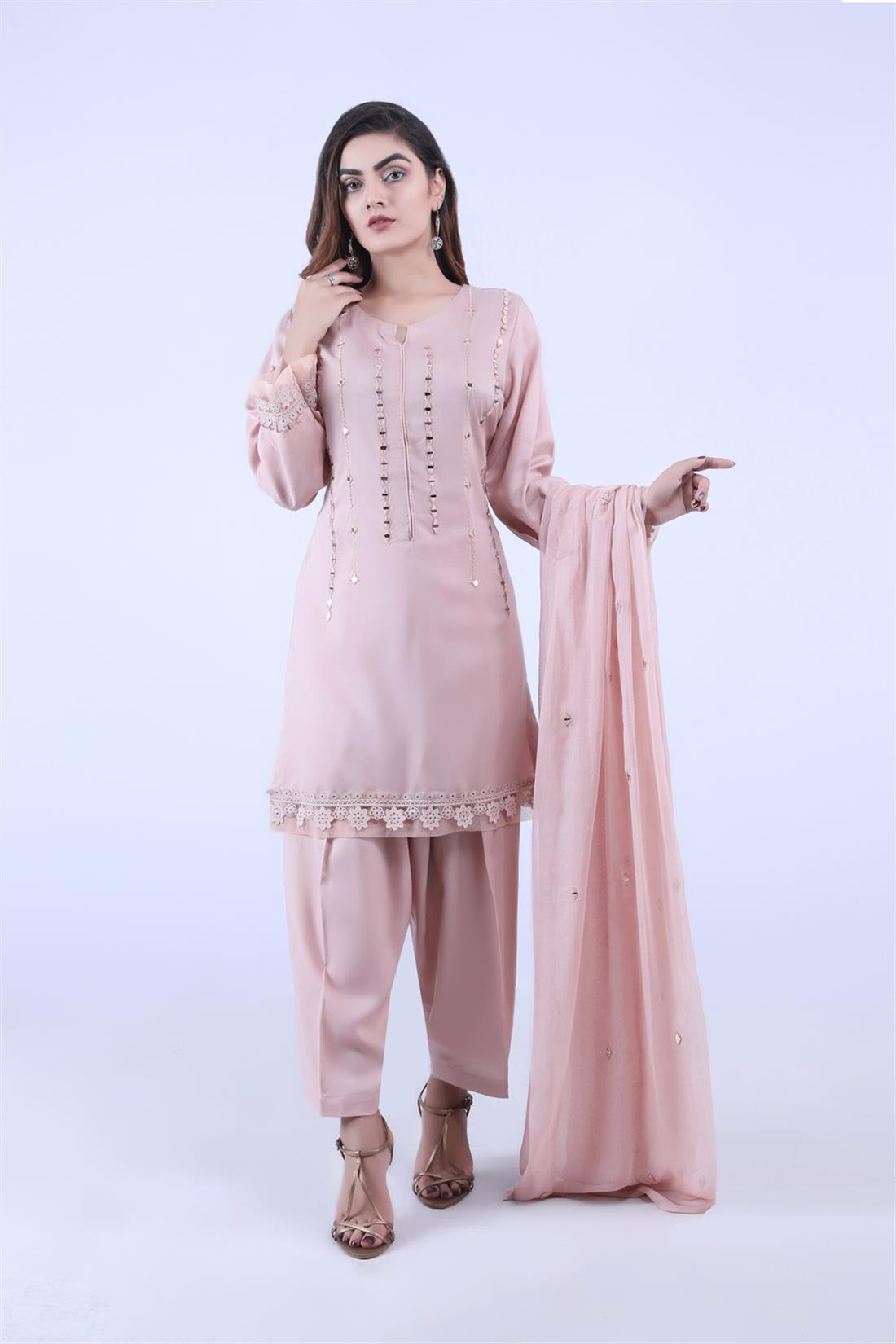 Tea Pink Mirror Work Chiffon Zoya Collections