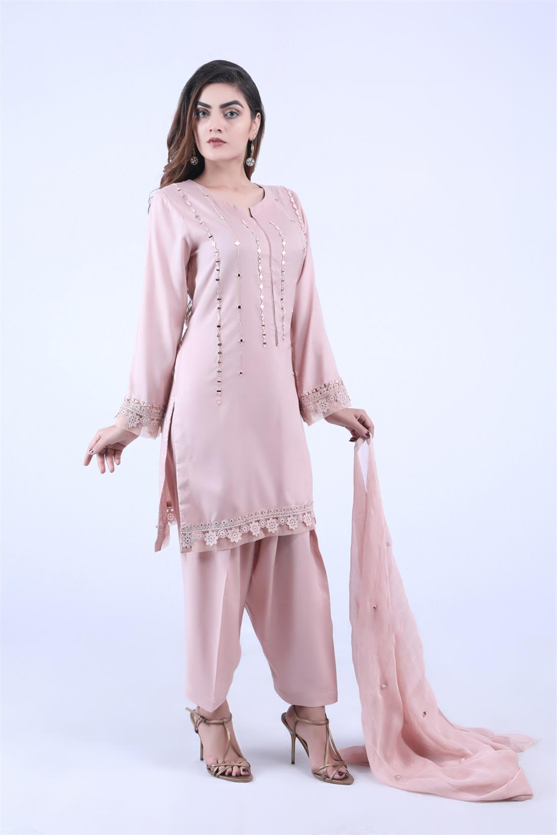 Tea Pink Mirror Work Chiffon Zoya Collections