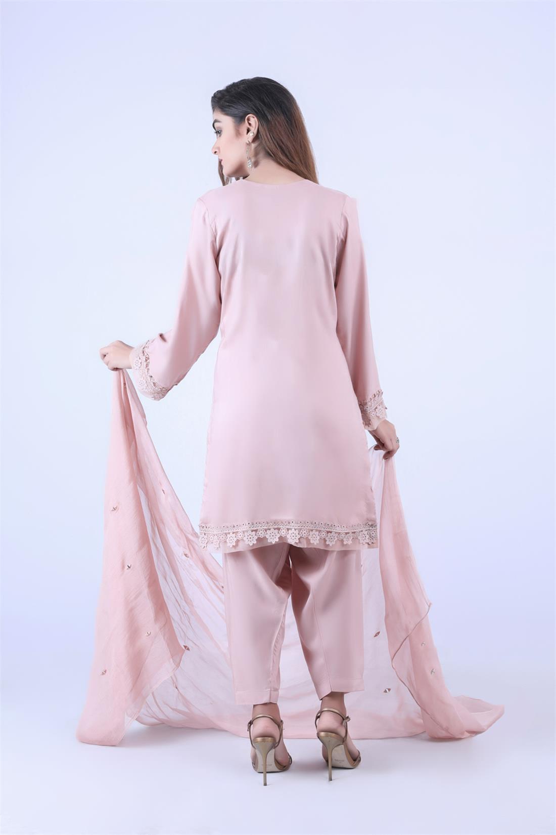 Tea Pink Mirror Work Chiffon Zoya Collections