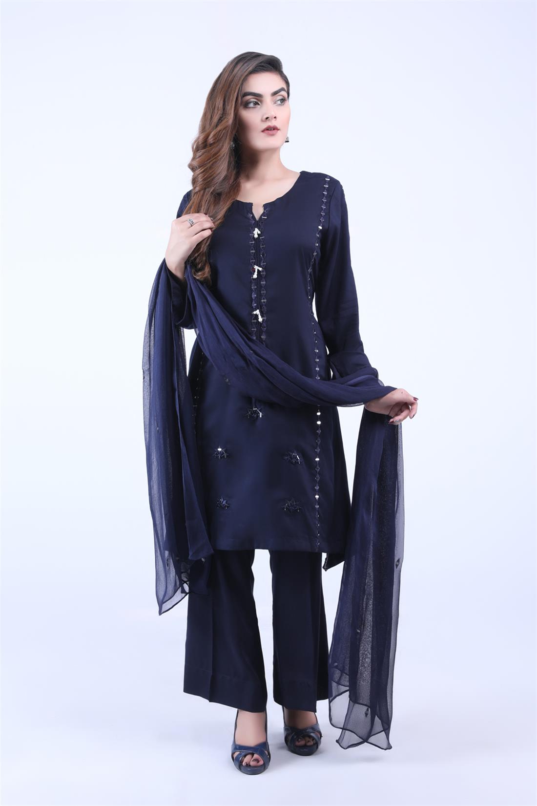 Navy Blue Mirror Work Chiffon Zoya Collections