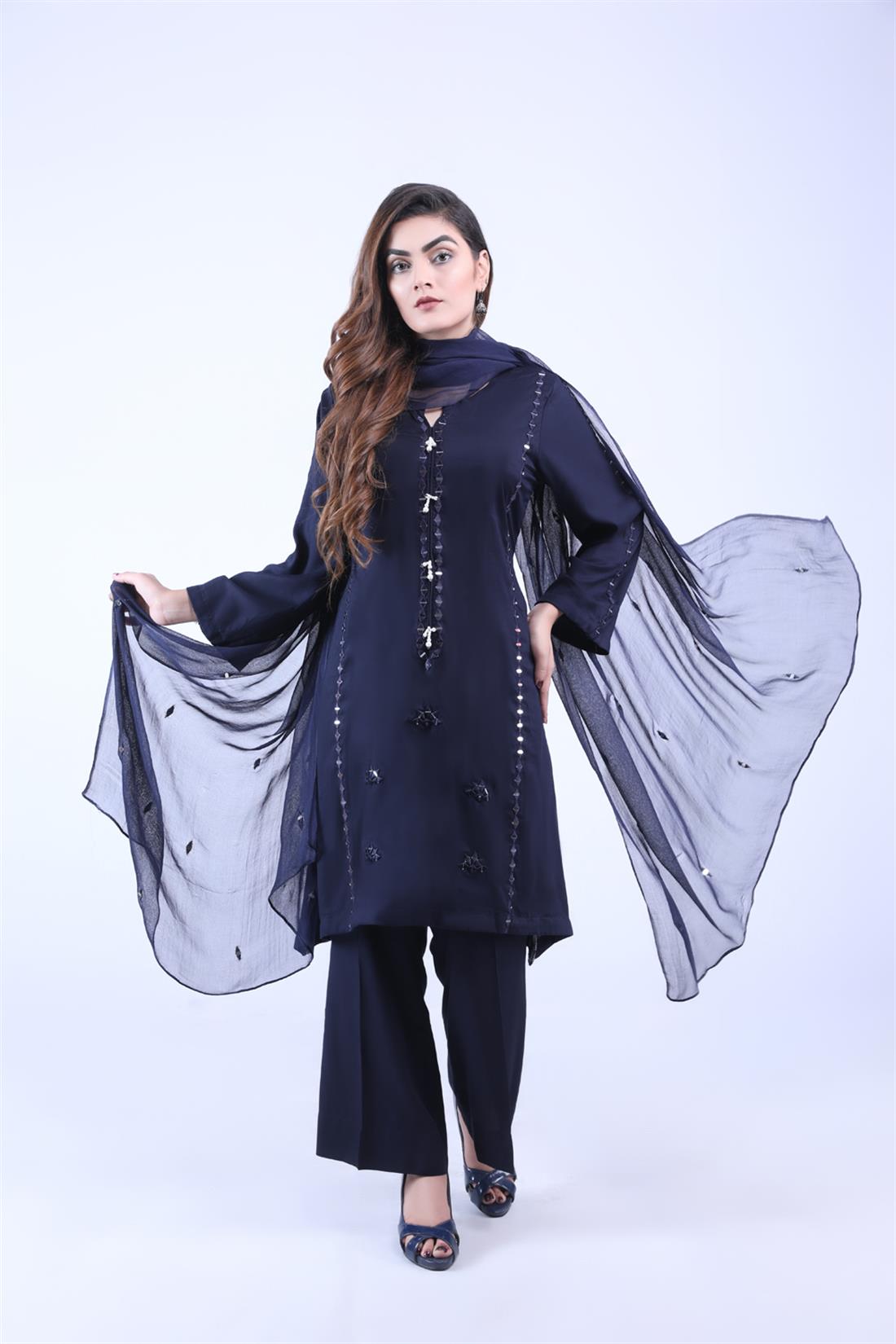 Navy Blue Mirror Work Chiffon Zoya Collections